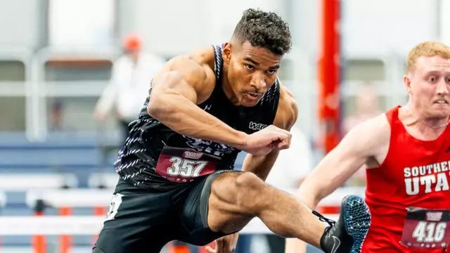 Canaan Fairley runs in the hurdles as part of the men's heptathlon in the WAC Indoor Championships