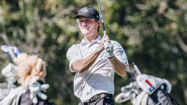 Tres Hill watches his ball at an ACU men's golf practice in Abilene, Texas on Sept. 11, 2025.