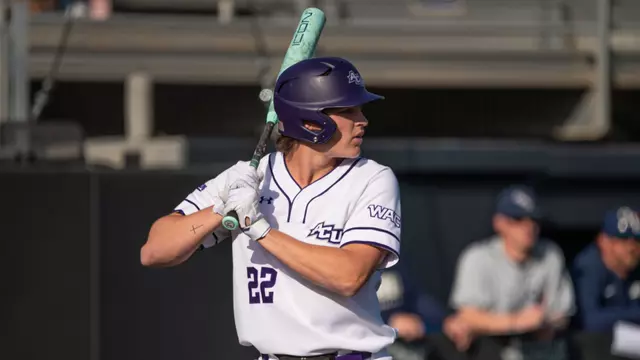 Brady Ladusau awaits a pitch in ACU's matchup with Oral Roberts at Crutcher Scott Field at Bullock Brothers Ballpark on Feb. 20, 2026.