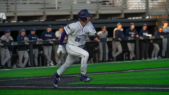 Gavin Brzozowski runs to first base in ACU's matchup with Oral Roberts at Crutcher Scott Field at Bullock Brothers Ballpark on Feb. 20, 2026.
