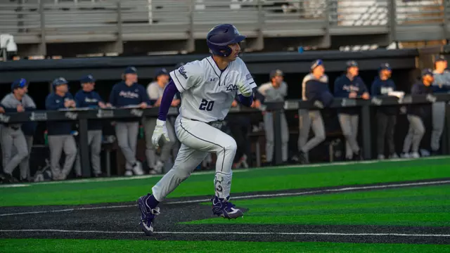 Gavin Brzozowski runs to first base in ACU's matchup with Oral Roberts at Crutcher Scott Field at Bullock Brothers Ballpark on Feb. 20, 2026.