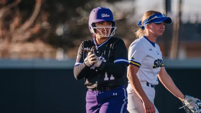 Erianna Garcia reacts after reaching second base against South Dakota State on Feb. 11, 2026