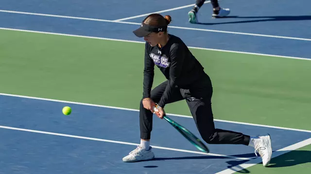 Victoria Correa returns the ball to her opponent in a match against Sam Houston on February 21, 2026.