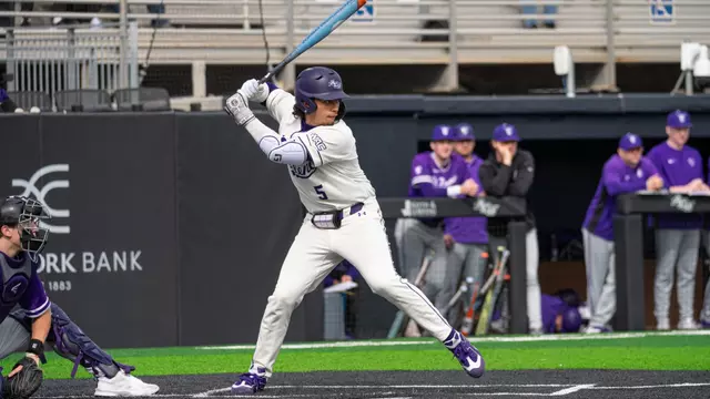 Nick Arias prepares to swing in ACU's series versus St. Thomas at Crutcher Scott Field at Bullock Brothers Ballpark on Feb. 13-15, 2026.