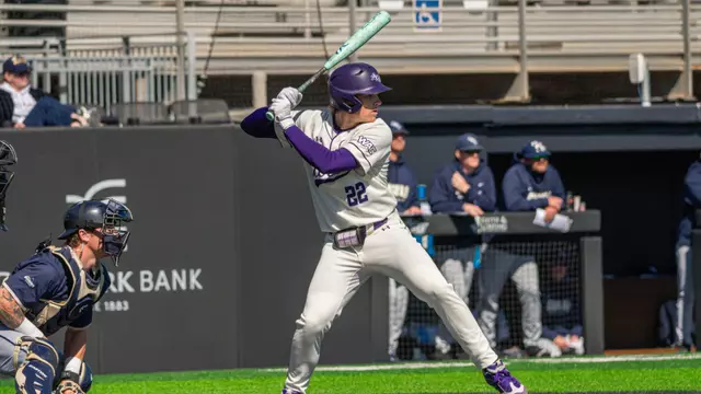 Brady Ladusau prepares to swing in ACU's 12-3 win over Oral Roberts at Crutcher Scott Field at Bullock Brothers Ballpark on Feb. 21, 2026.