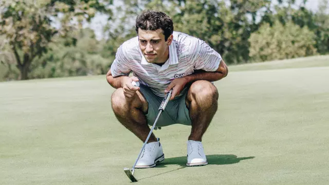 Grégoire Hoyeau examines a putt at an ACU men's golf practice at Abilene Country Club on Sept. 11, 2025.