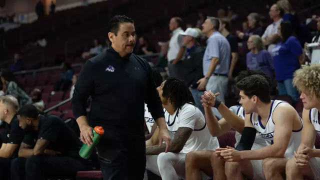 Athletic trainer Alfred Castillo walks down the bench at the 2026 WAC Basketball Tournament in Las Vegas on March 11, 2026