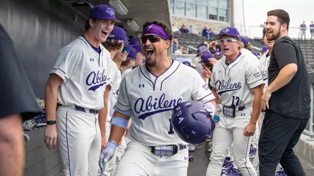 Diego Cardenas celebrates a home run in the dugout in ACU's series versus St. Thomas at Crutcher Scott Field at Bullock Brothers Ballpark on Feb. 13-15, 2026.