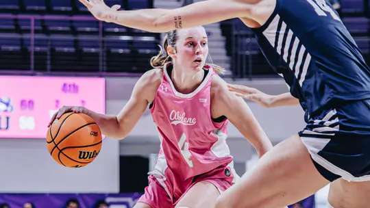 Erin Woodson examines the defense in ACU's matchup with California Baptist at Moody Coliseum on Feb. 7, 2026.