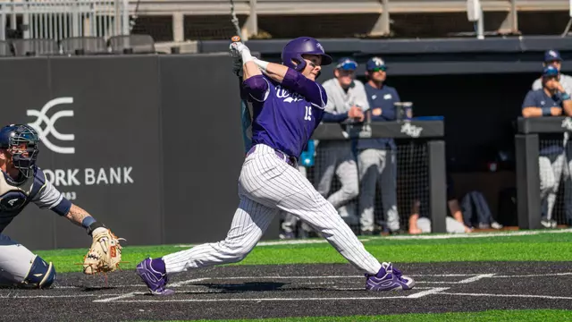 Ryan Jones takes a swing in ACU's 8-7 win over Oral Roberts at Crutcher Scott Field at Bullock Brothers Ballpark on Feb. 22, 2026.