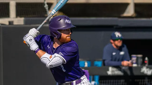 Zandt Payne prepares to swing in ACU's 8-7 win over Oral Roberts at Crutcher Scott Field at Bullock Brothers Ballpark on Feb. 22, 2026.