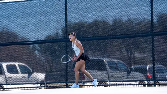 Masha Vrsalovic celebrates after winning a point against her opponent in a match against Texas State on Feb. 15, 2026.