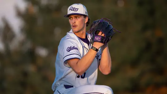 Brett Lanman prepares to delive a pitch in ACU's matchup with Rice at Crutcher Scott Field at Bullock Brothers Ballpark on March 6, 2026.