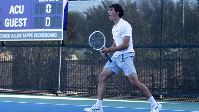 Dennis Dutine celebrates after winning a point against his UTPB opponent on March 21, 2026.