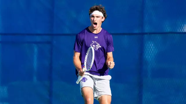 Dennis Dutine celebrates during the opening round of the ASUN Men's Tennis Championship in Fort Myers, Fla., on April 14, 2026