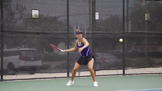 Masha Vrsalovic hits the ball toward her opponent in the semifinals of the WAC tennis tournament on April 17, 2026.