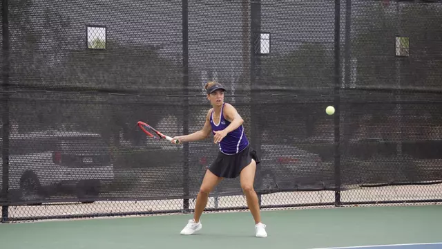 Masha Vrsalovic hits the ball toward her opponent in the semifinals of the WAC tennis tournament on April 17, 2026.