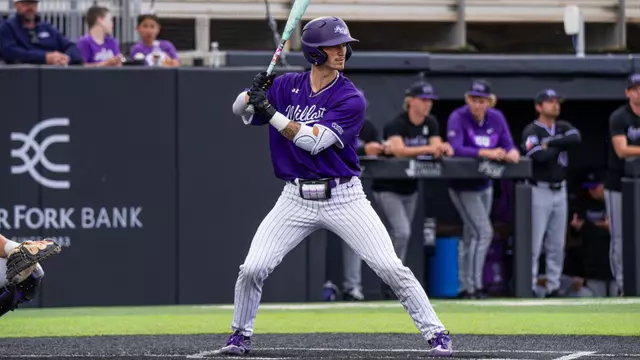 Kanon Sundgren prepares to face a pitch in ACU's 4-1 win over TCU at Crutcher Scott Field at Bullock Brothers Ballpark on April 7, 2026.