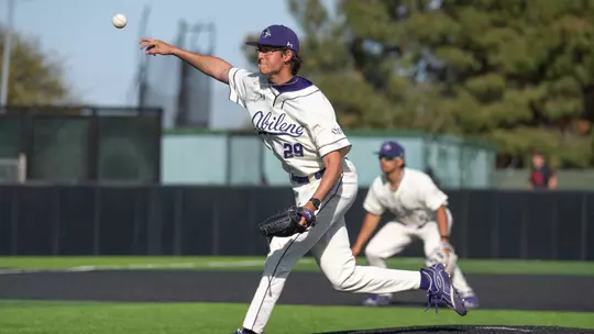 Logan Young delivers a pitch in ACU's matchup with UIW at Crutcher Scott Field at Bullock Brothers Ballpark on March 18, 2026.