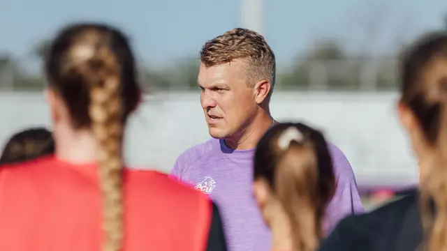 ACU soccer coach Stephen Salas talks to his team during a practice in 2025.