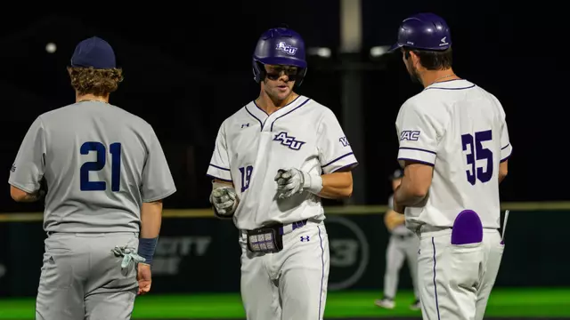 Ryan Jones points to the dugout after hitting a single in ACU's matchup with Rice at Crutcher Scott Field at Bullock Brothers Ballpark on March 6, 2026.