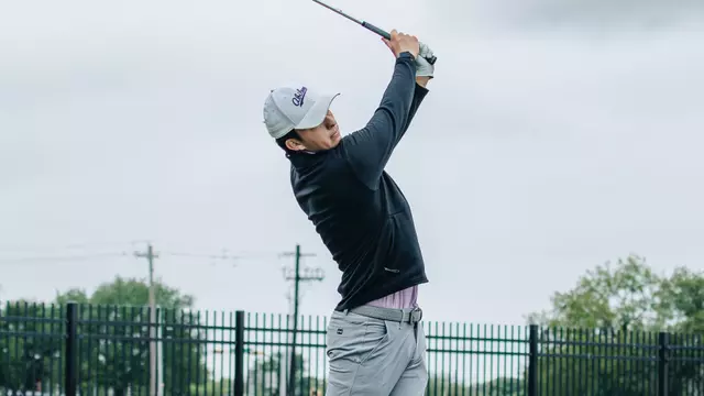 Jack Hollingsed takes a swing at an ACU men's golf practice on April 21, 2026.
