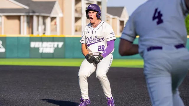 Reese Borho celebrates after hitting a walk-off single in ACU's 9-8 win over UT Arlington at Crutcher Scott Field at Bullock Brothers Ballpark on April 25, 2026.