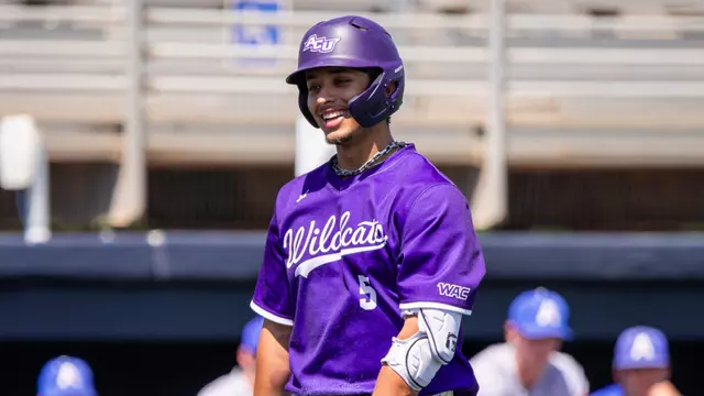 Nick Arias smiles during ACU's 14-4 win over UT Arlington at Crutcher Scott Field at Bullock Brothers Ballpark on April 26, 2026.
