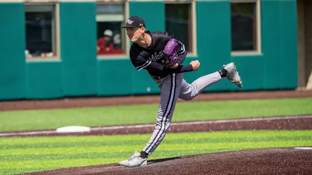 Evan Whiteaker delivers a pitch in ACU's matchup with Indiana in Bloomington, Ind. on April 19, 2026.