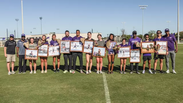 ACU track and field seniors pose up for a picture at a ceremony during the Wes Kittley Invitational on March 21, 2026