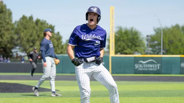 Brady Ladusau celebrates his walk-off home run in ACU's 9-8 win over California Baptist at Crutcher Scott Field at Bullock Brothers Ballpark on April 4, 2026.