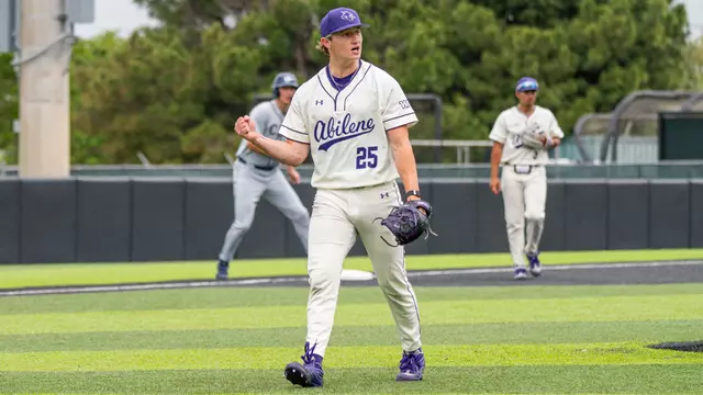 Aidan Coleman celebrates in ACU's matchup with California Baptist at Crutcher Scott Field at Bullock Brothers Ballpark on April 3, 2026.