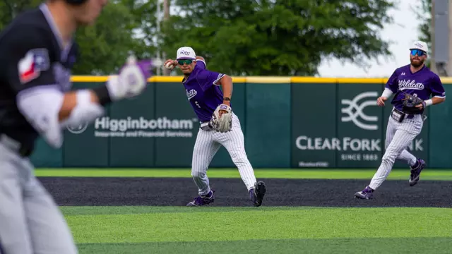 Nick Arias makes a throw to first base in ACU's 4-1 win over TCU at Crutcher Scott Field at Bullock Brothers Ballpark on April 7, 2026.