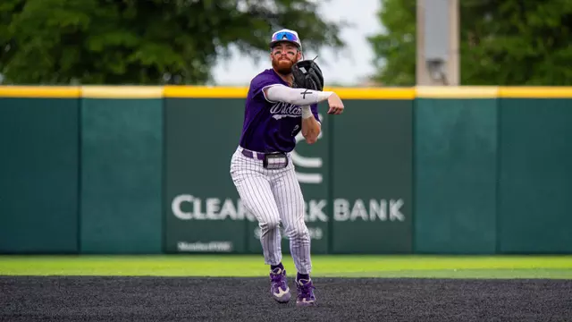 Zandt Payne makes a throw to first base in ACU's matchup with Texas Tech at Crutcher Scott Field at Bullock Brothers Ballpark on April 22, 2026.