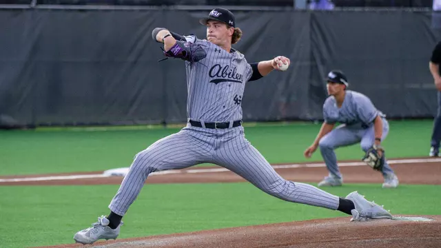 Brett Lanman delivers a pitch in ACU's matchup versus Tarleton State in Stephenville, Texas on April 9, 2026.