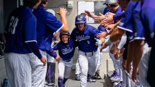 Grant Watkins celebrates scoring a run during ACU's series versus CBU at Crutcher Scott Field at Bullock Brothers Ballpark on April 2-4, 2026.