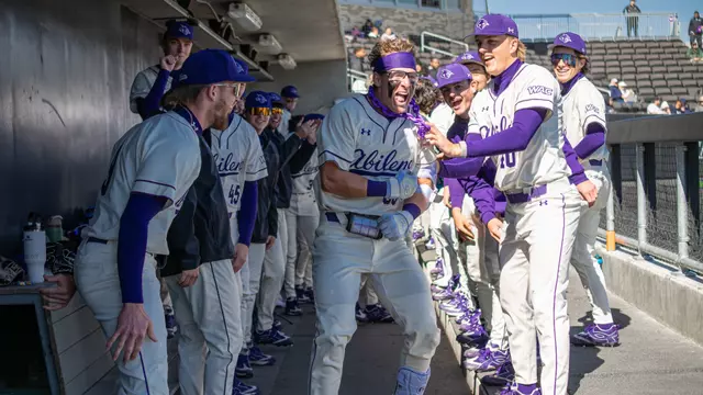 Maddox Miesse celebrates hitting a home run in ACU's 12-3 win over Oral Roberts at Crutcher Scott Field at Bullock Brothers Ballpark on Feb. 21, 2026.