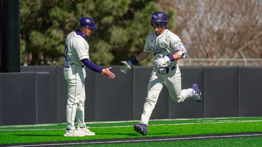 Maddox Miesse rounds the bases after hitting a home run in ACU's 12-3 win over Oral Roberts at Crutcher Scott Field at Bullock Brothers Ballpark on Feb. 21, 2026.