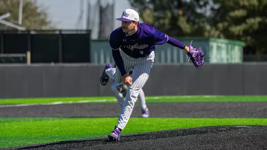 Cade McGarrh delivers a pitch in ACU's 8-7 win over Oral Roberts at Crutcher Scott Field at Bullock Brothers Ballpark on Feb. 22, 2026.