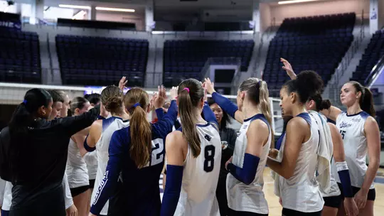 ACU volleyball huddles during an exhibition versus Ranger College at Moody Coliseum on April 11, 2026.