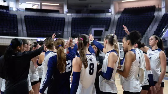 ACU volleyball huddles during an exhibition versus Ranger College at Moody Coliseum on April 11, 2026.