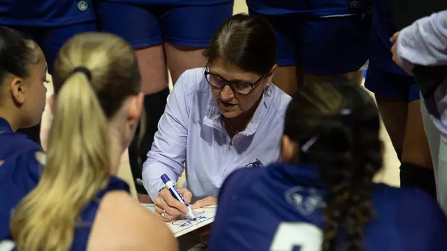 Julie Goodenough speaks to the team during a timeout in ACU's matchup with Illinois State in Normal, Ill. on March 27, 2026.