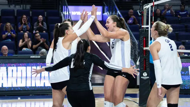 Hadlee Welch celebrates a point in ACU's 3-1 win over Lamar at Moody Coliseum on Aug. 28, 2026.