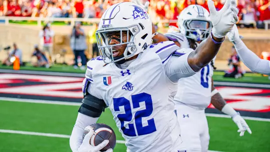 Javeon Wilcox stands up after catching his first career interception during a game at Texas Tech in Lubbock on Sept. 5, 2026.