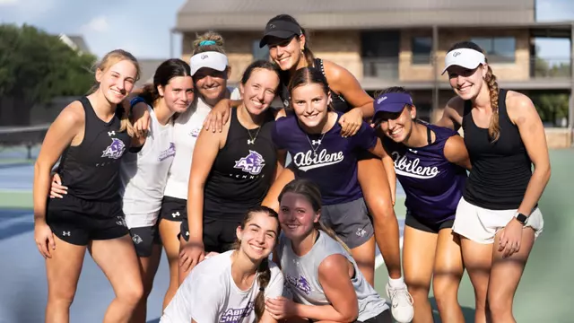 Members of the 2026-27 ACU women's tennis team pose after a practice on Sept. 3.