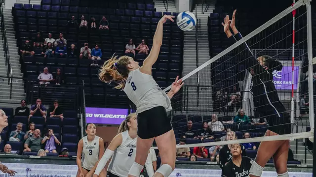 Annaleise Sevier delivers an attack in ACU's 3-1 win over Stephen F. Austin at Moody Coliseum on Sept. 19, 2026.