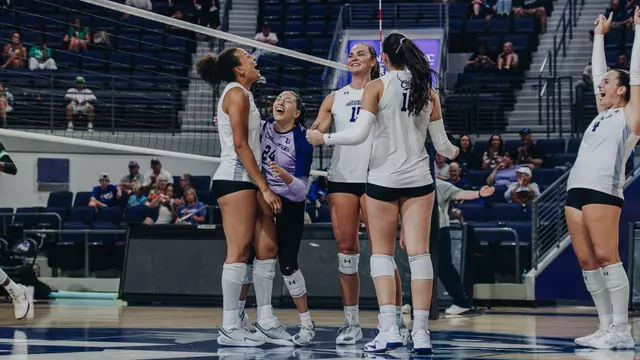ACU volleyball celebrates a point in its matchup with North Texas at Moody Coliseum on Aug. 29, 2026.