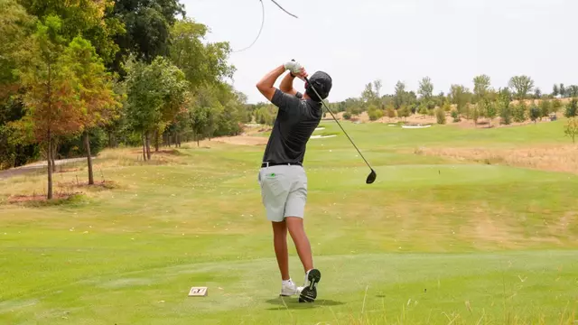 An ACU men's golfer takes a swing at Halbert National in Granbury, Texas.