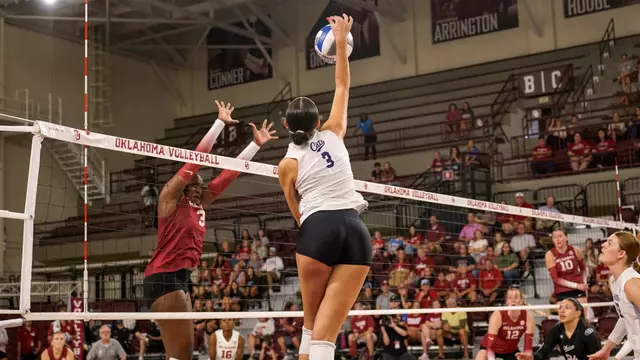 Alyssa Todd delivers an attack in ACU's matchup with Oklahoma in Norman, Okla. on Sept. 13, 2026.