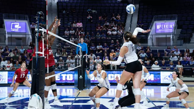 Aubrey Beaver makes an attack in ACU's 3-1 win over Lamar at Moody Coliseum on Aug. 28, 2026.